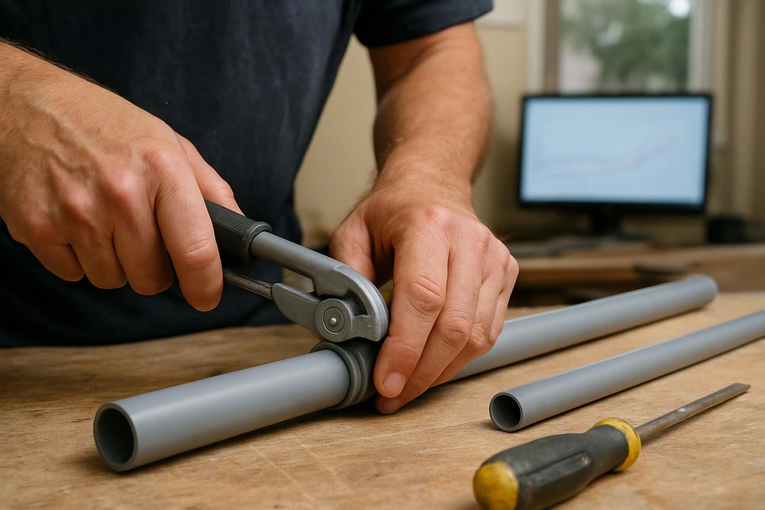 A person uses a pipe cutter on gray tubing at a workbench with a screwdriver nearby