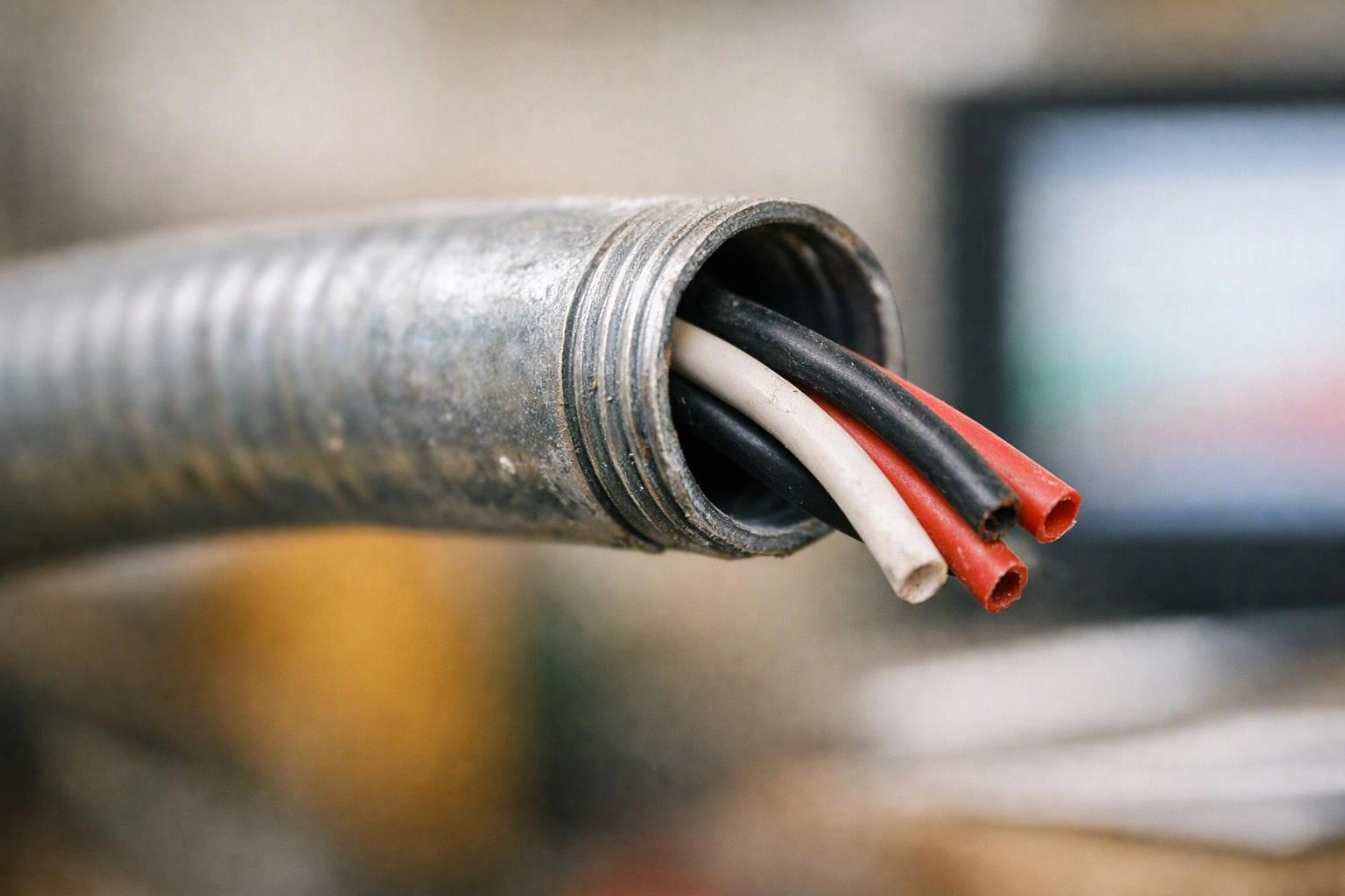 A close-up shows a metal conduit with red, black, and white wires protruding against a blurred background