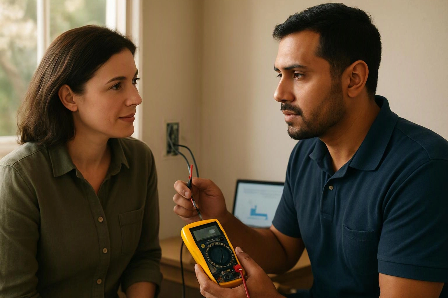 Two people face each other indoors while one holds a yellow multimeter with wires attached