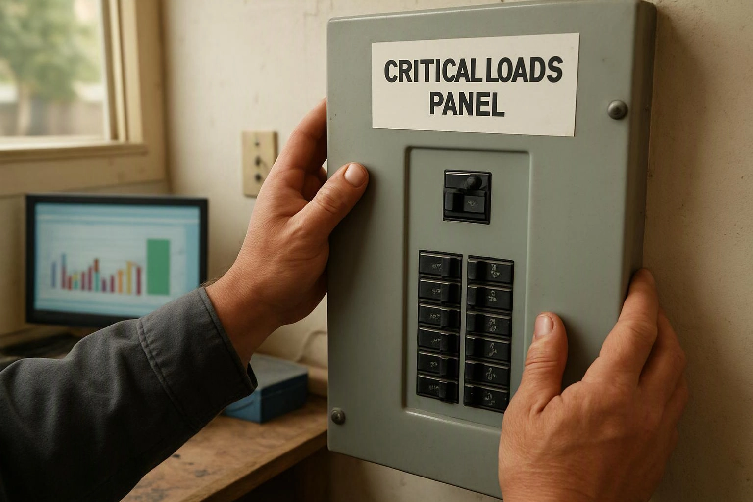 A person holds a gray electrical panel labeled “CRITICAL LOADS PANEL” beside a desk with a chart on a monitor