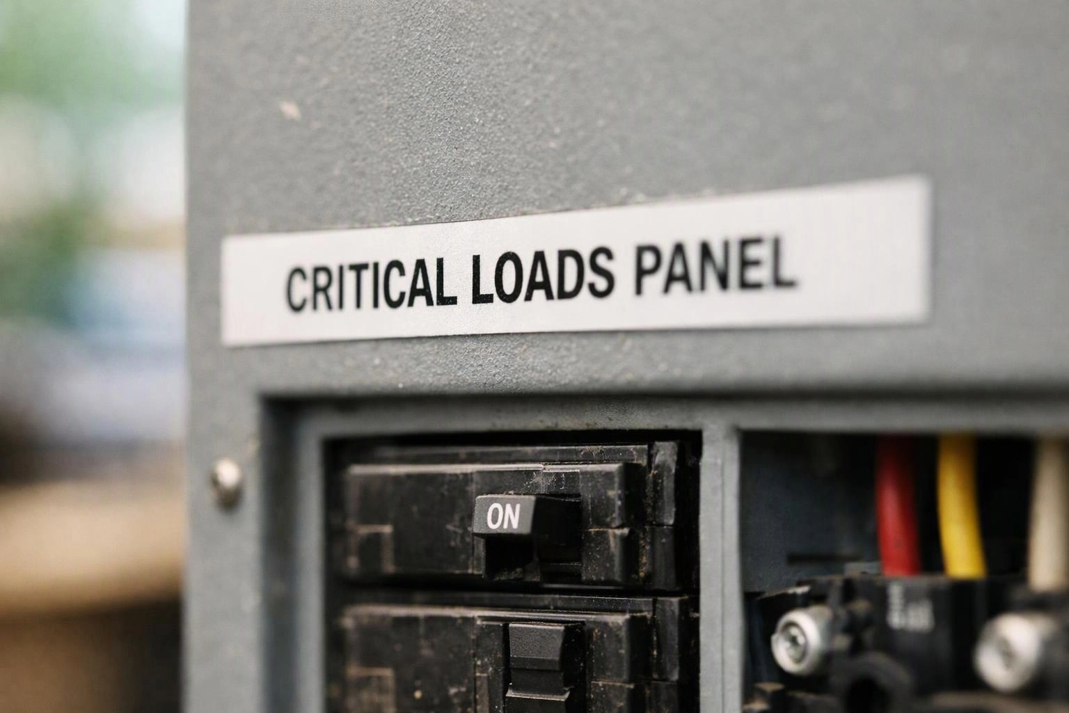 Close-up of an electrical panel with an ON breaker and a label reading “CRITICAL LOADS PANEL”