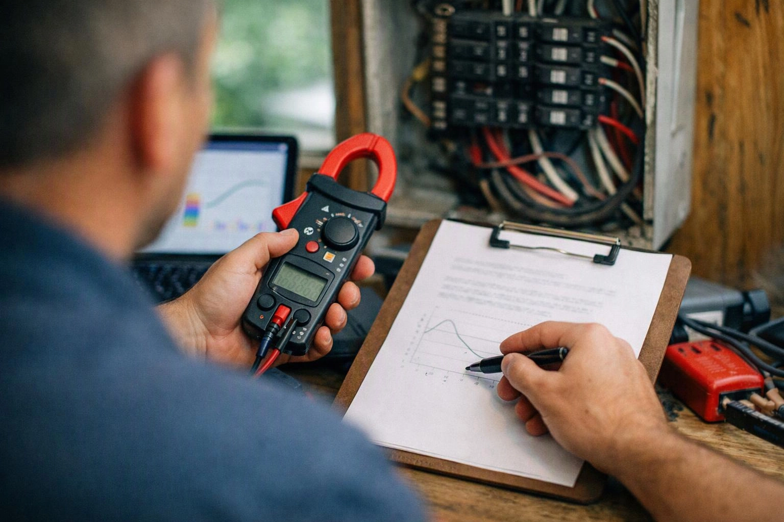 A technician holds a clamp meter and marks a graph on a clipboard beside exposed electrical wiring