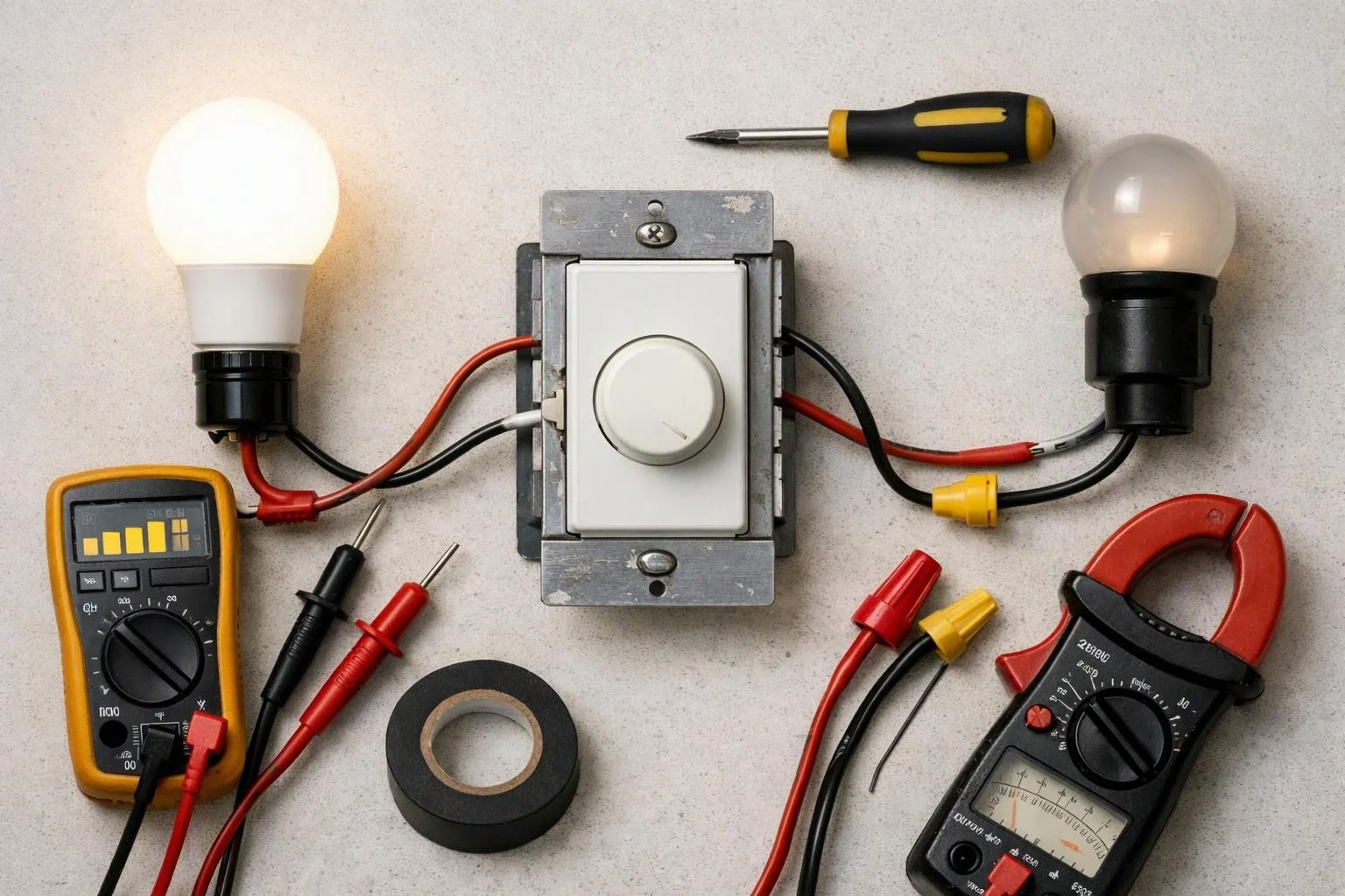 Two lit bulbs, a dim bulb, switches, meters, wires, and tools are arranged on a workbench with a screwdriver at the top