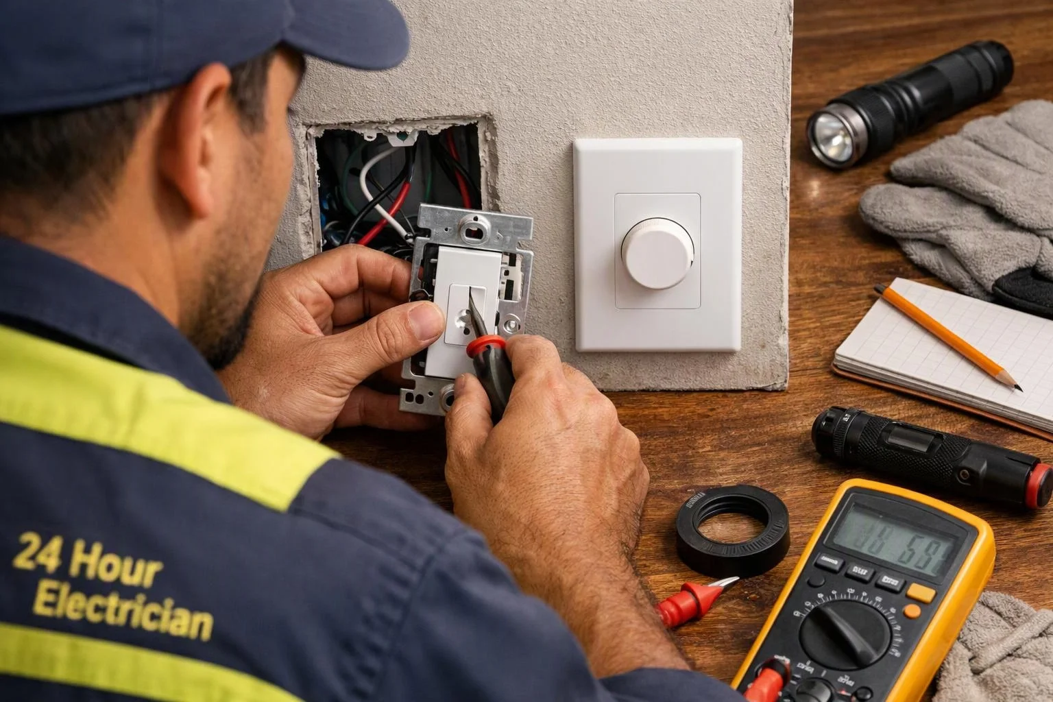 Electrician installs a wall switch beside exposed wiring, with tools and a multimeter spread across a wooden table