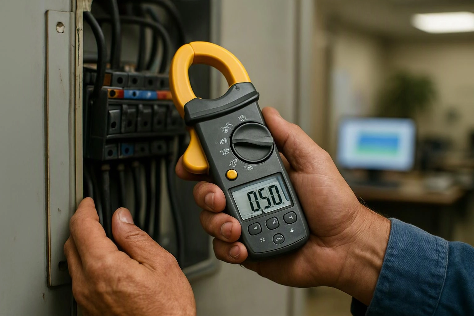 Hands hold a clamp meter near an electrical panel in a workshop-like room