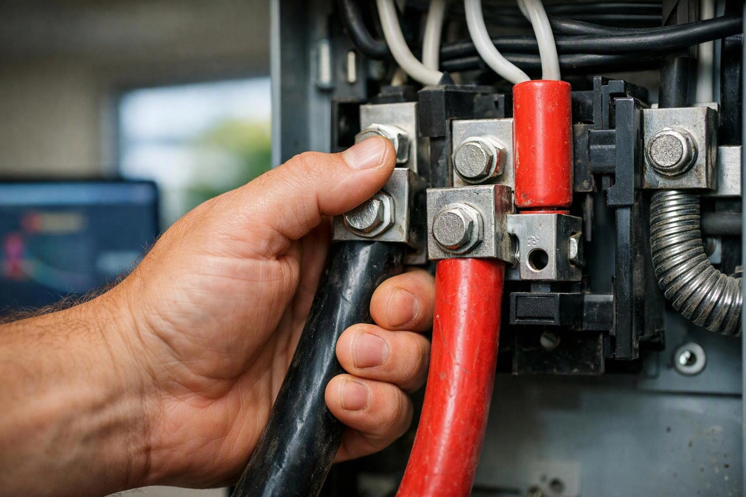 A hand grips thick red and black electrical cables inside a metal control panel
