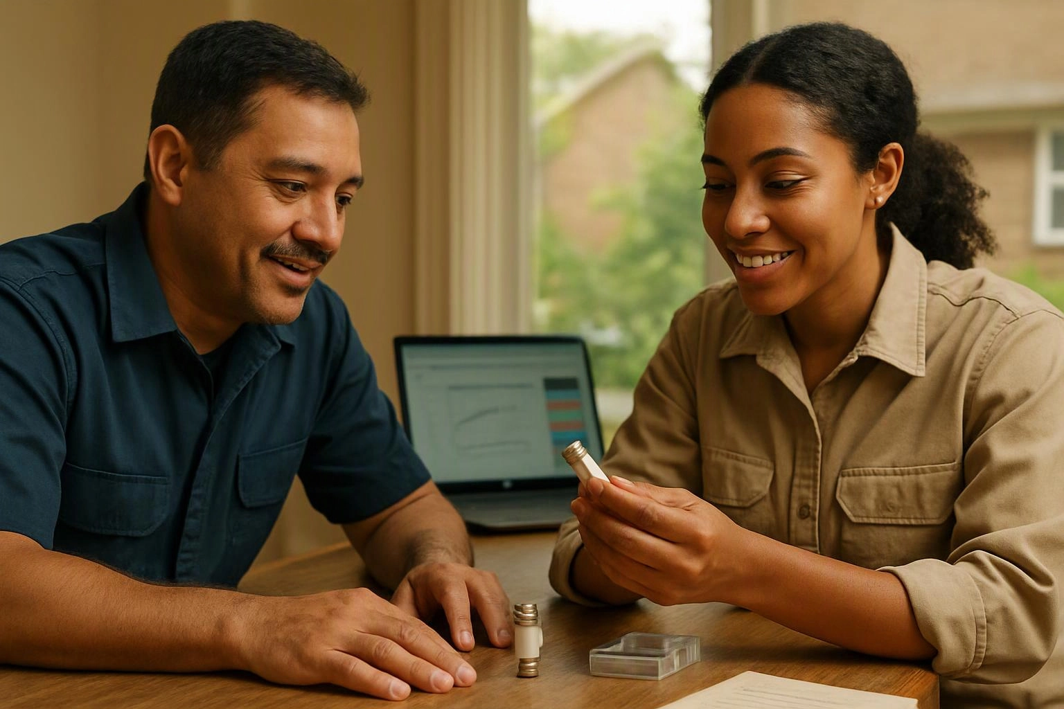 Two people sit at a table, smiling as they examine a small metal sample beside a laptop in a bright room