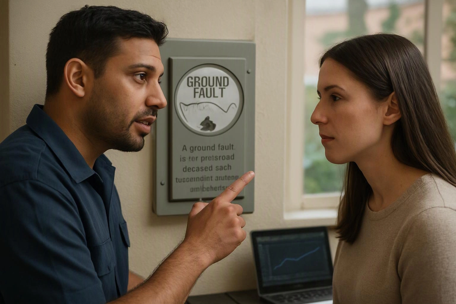 A man points at a wall panel labeled "GROUND FAULT" while speaking to a woman indoors