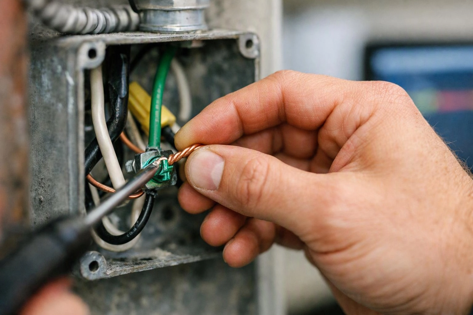 A hand twists copper wire in an open electrical box with several colored wires inside