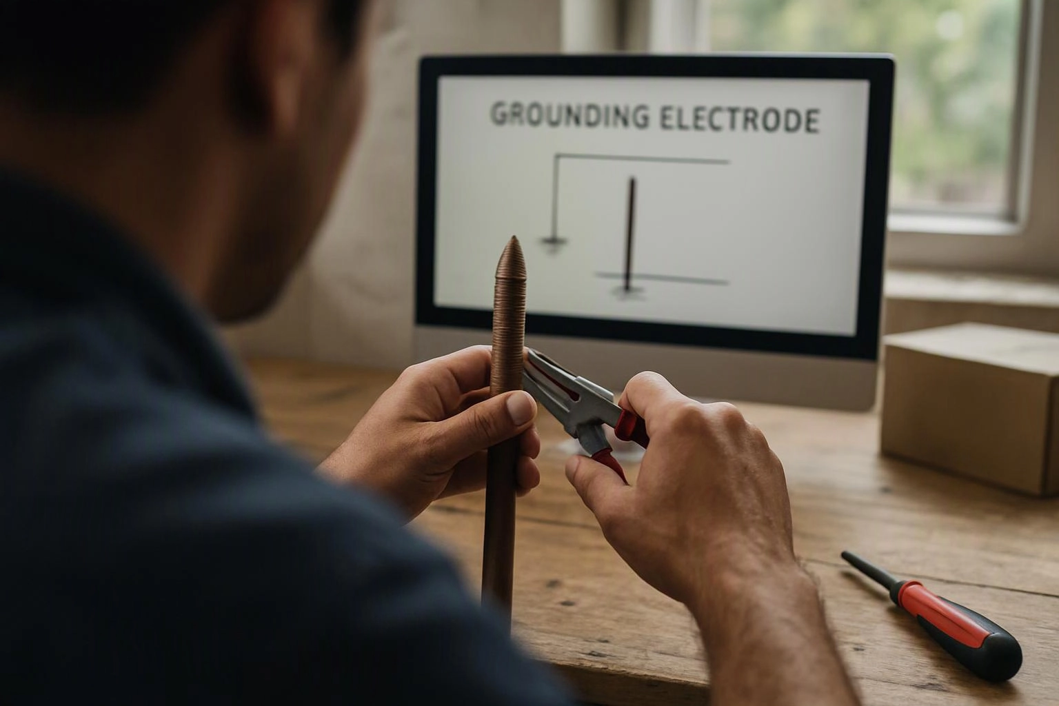 A person uses pliers on a copper rod beside a screen labeled "GROUNDING ELECTRODE"