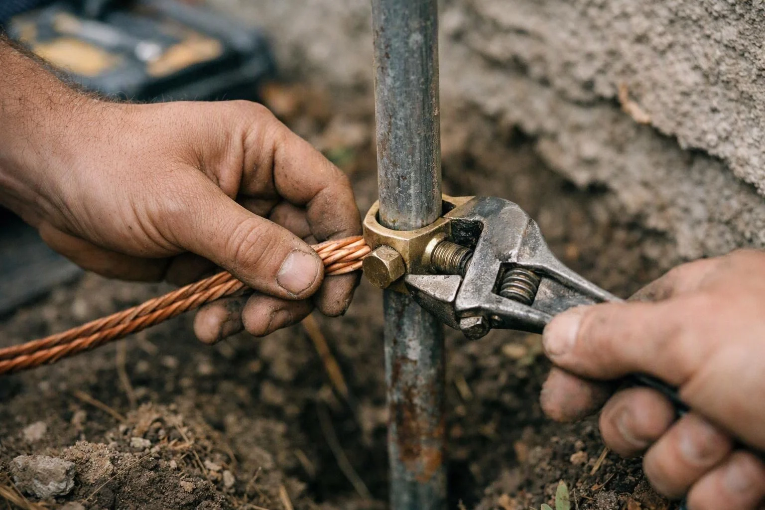 Dirty hands tighten a copper wire with a wrench around a metal post outdoors