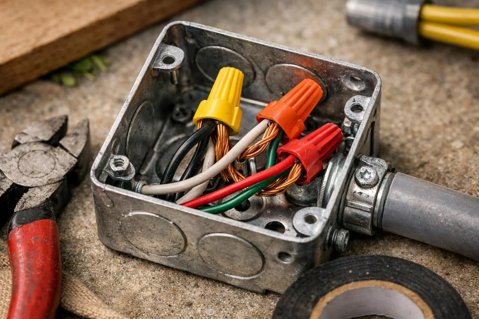 An open metal electrical box holds color-coded wires, with pliers and a cable nearby on a work surface