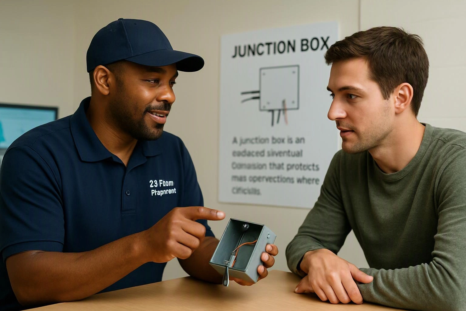 Two men discuss a metal junction box at a table, with an instructional poster on the wall behind them