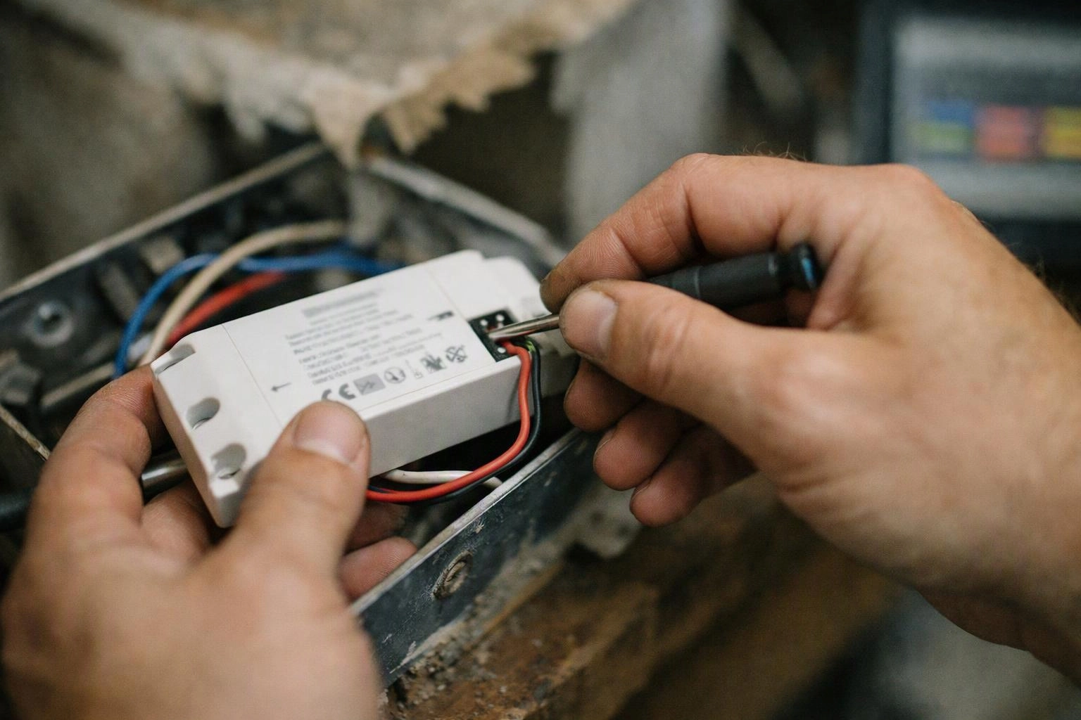 Hands use a screwdriver to connect a small white electrical component inside a metal box