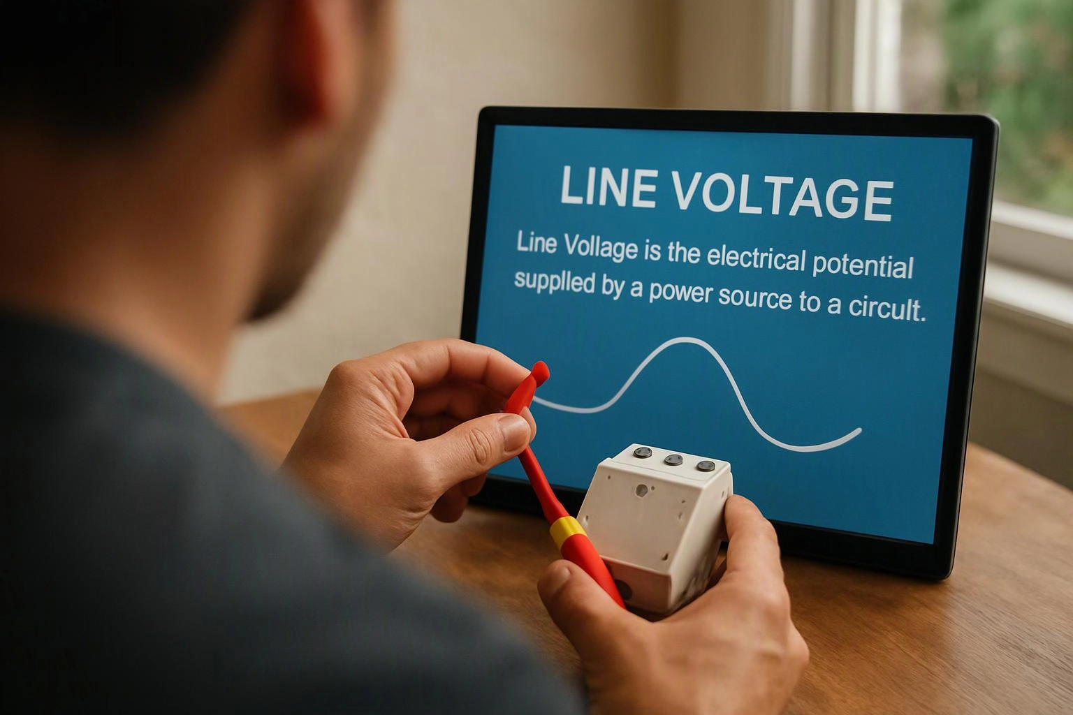A person holds a red wire and a small white component while reading a line voltage explanation on a tablet