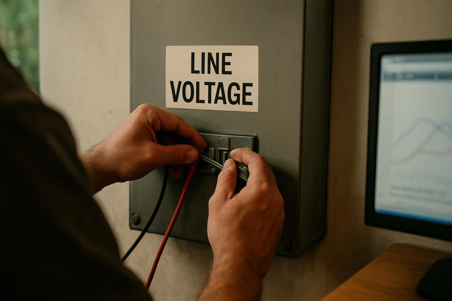 Hands adjust wires inside a gray electrical box labeled LINE VOLTAGE beside a computer screen