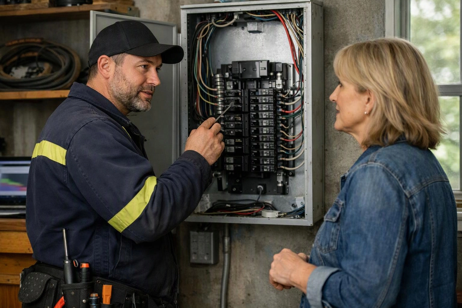 A technician points at an open electrical breaker panel while speaking with a woman in a workshop