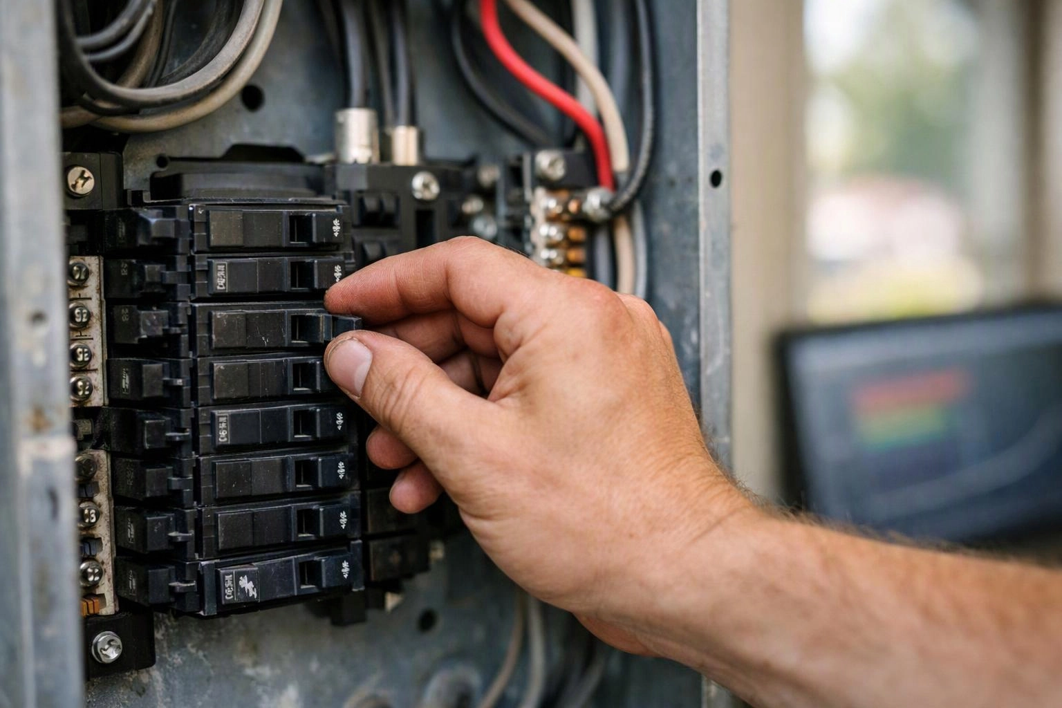 A hand flips a breaker inside an electrical panel, with wires and a blurred monitor in the background