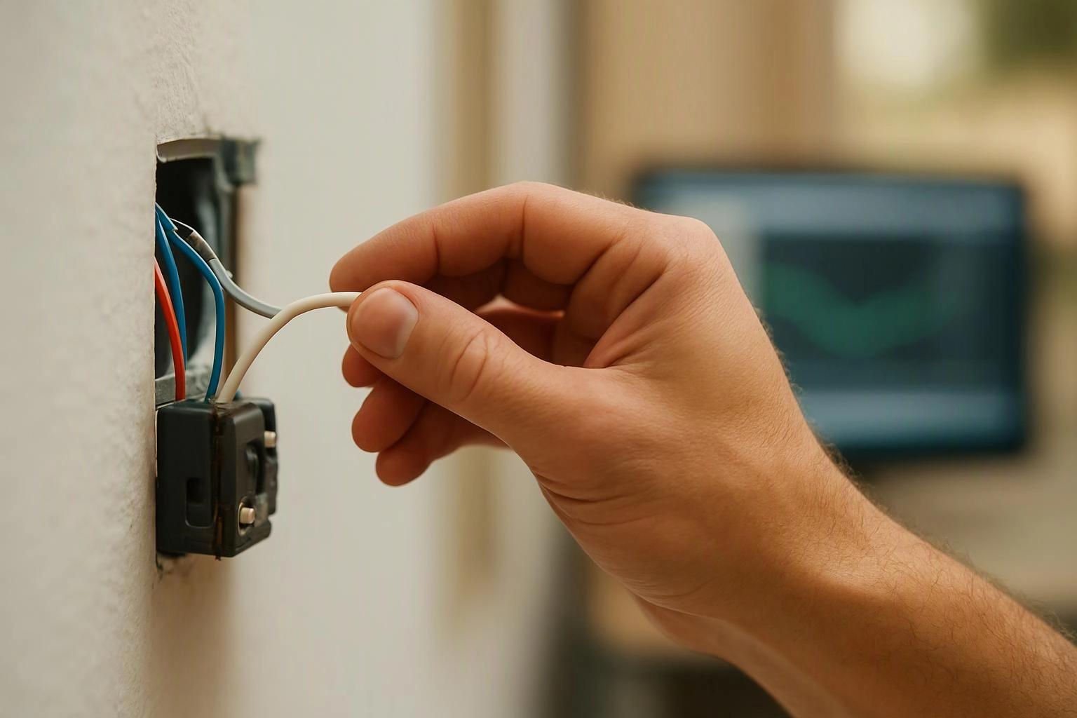 A hand pulls white wire from an open wall box while colored cables hang beside it