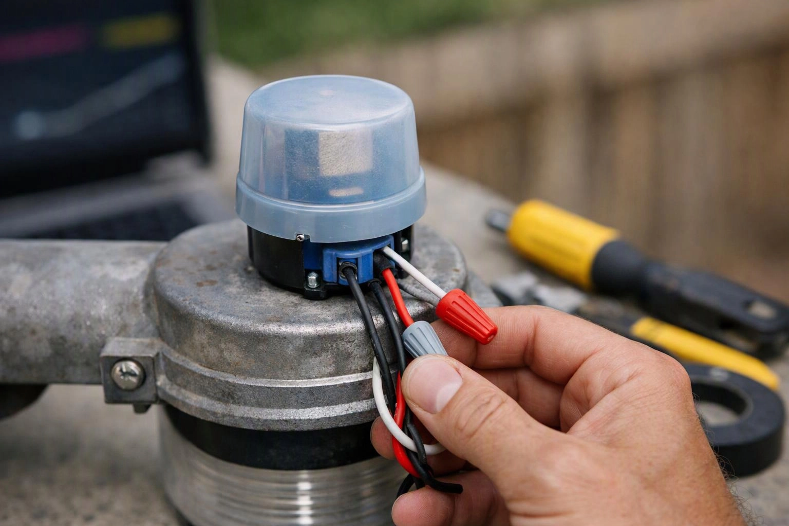 A hand connects colored wires to a small outdoor electrical device with a clear plastic cover