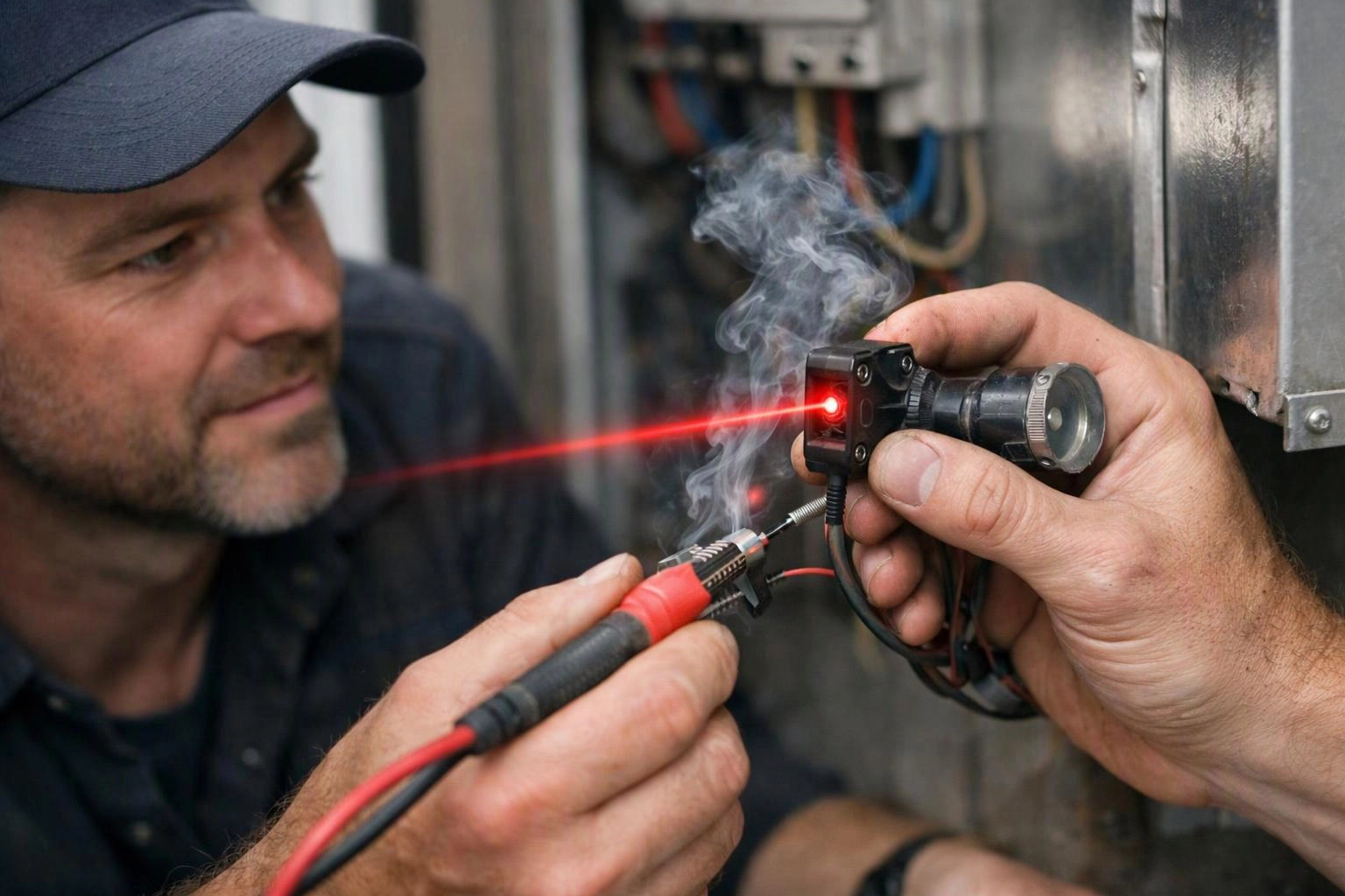 A man in a cap tests a glowing laser device with a probe beside metal machinery inside a workshop