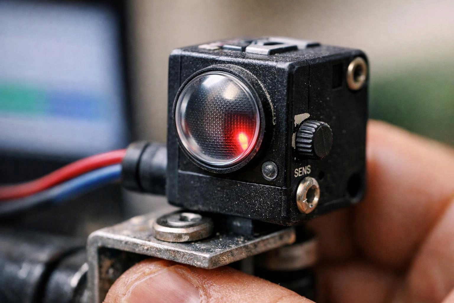 A close-up shows a small black sensor device with a glowing red lens mounted on metal hardware and wires