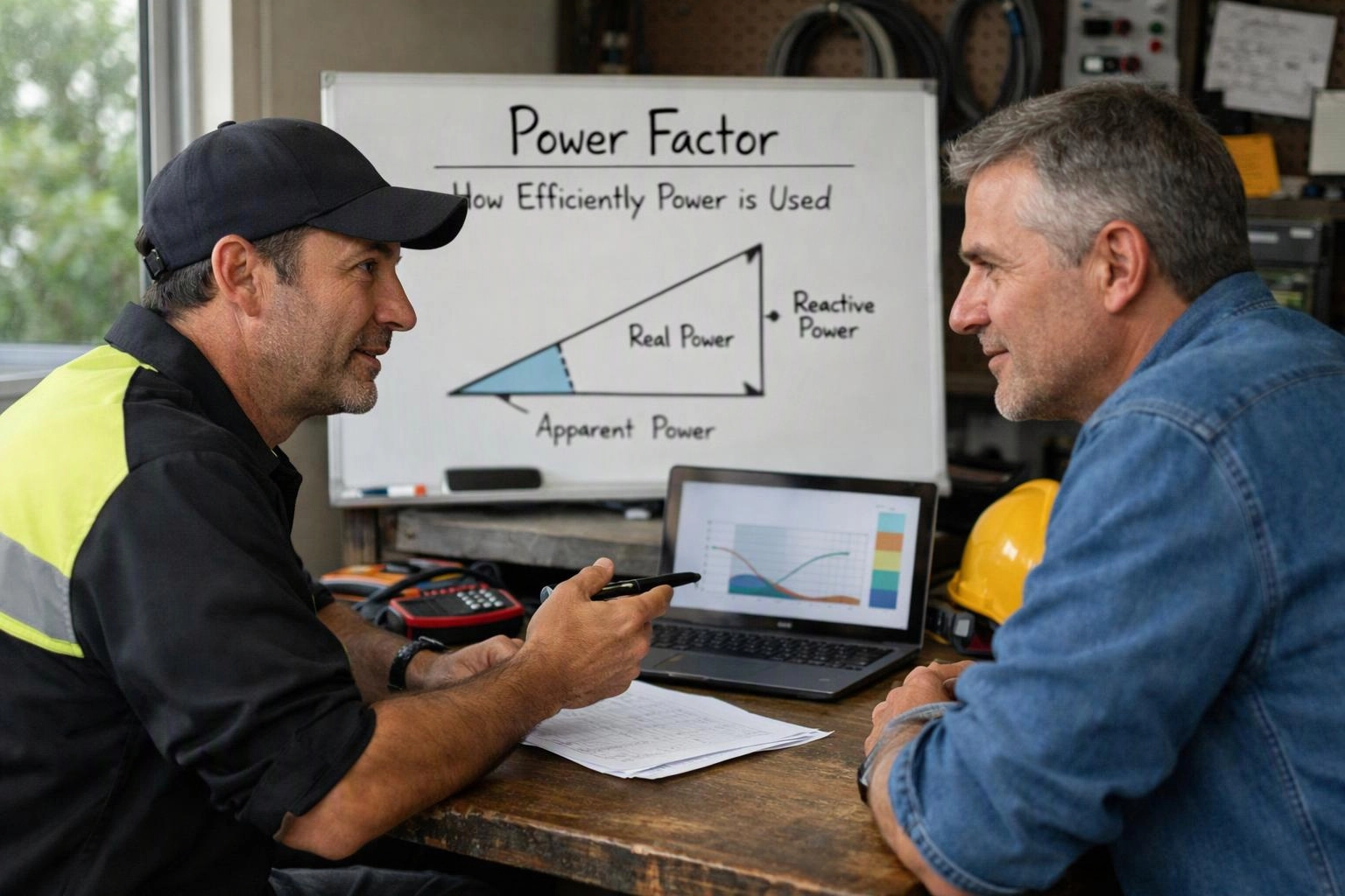 Two men talk at a workbench while a whiteboard shows a power factor diagram and a laptop displays charts