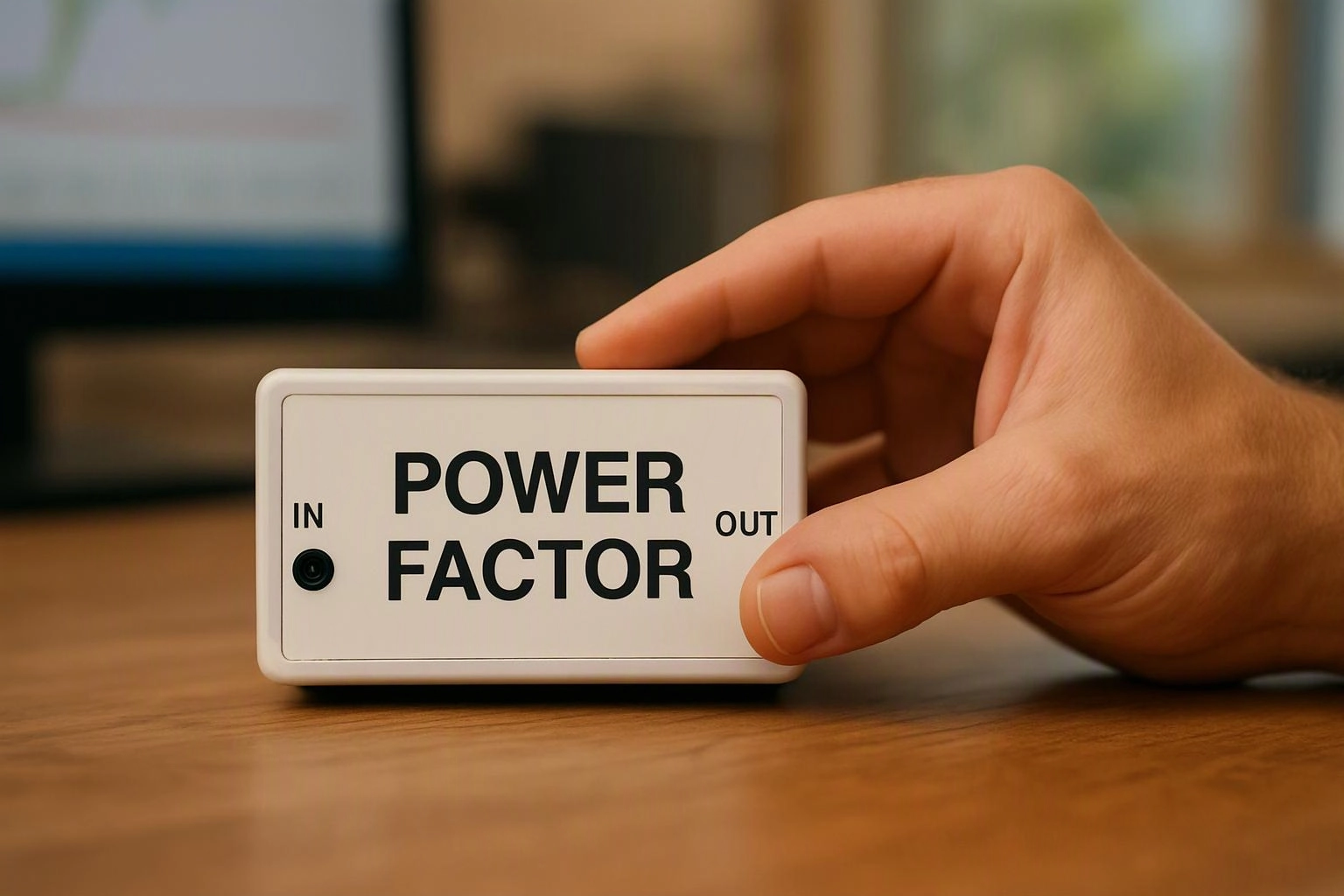 A hand holds a small white box labeled POWER FACTOR on a wooden desk, with a blurred computer screen behind it