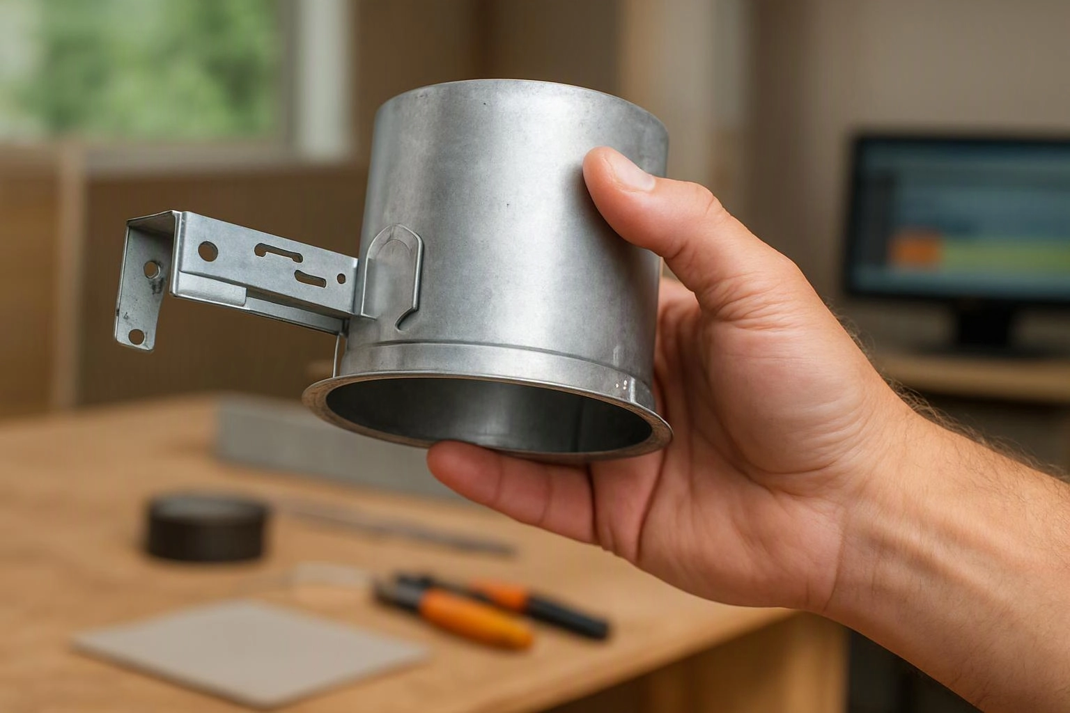 A hand holds a silver metal bracketed cylinder over a blurred workbench with tools and a monitor in the background