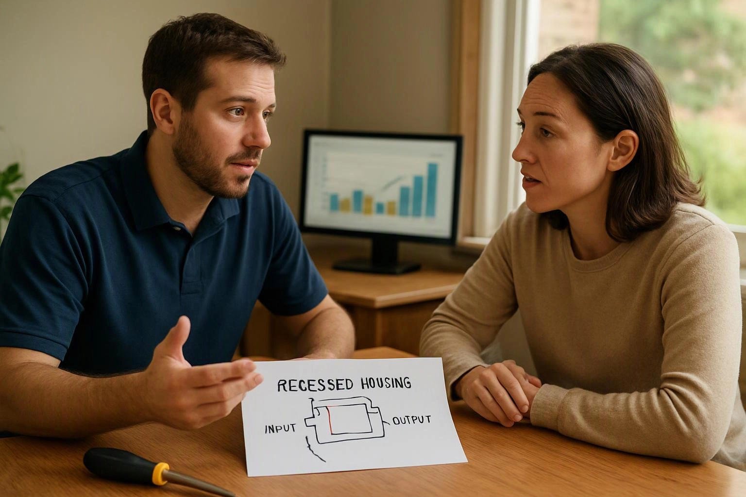 A man and woman sit at a table discussing a paper labeled “RECESSED HOUSING” beside a chart on a monitor