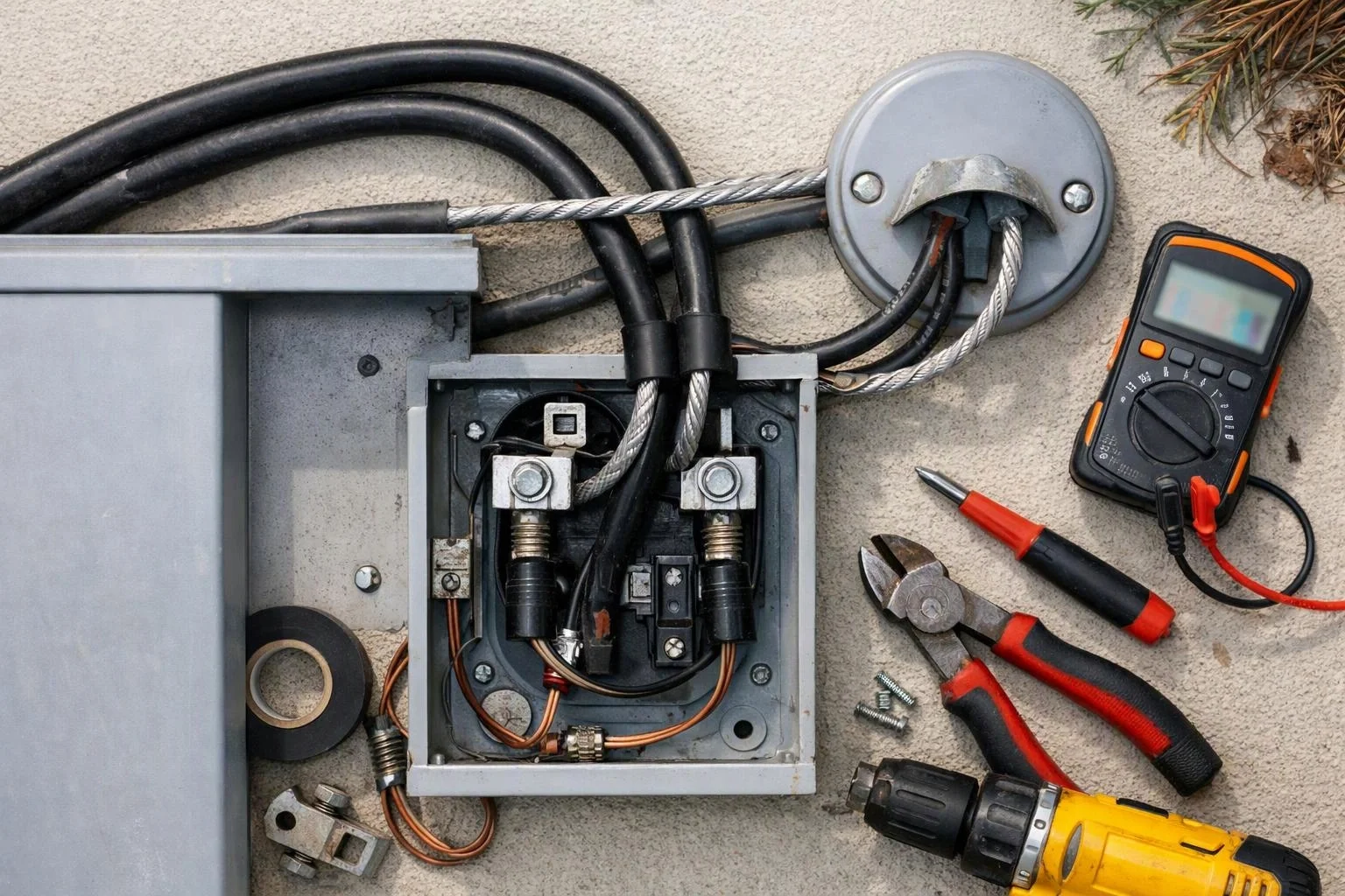 An open electrical junction box with cables, a multimeter, and hand tools lies on a concrete surface