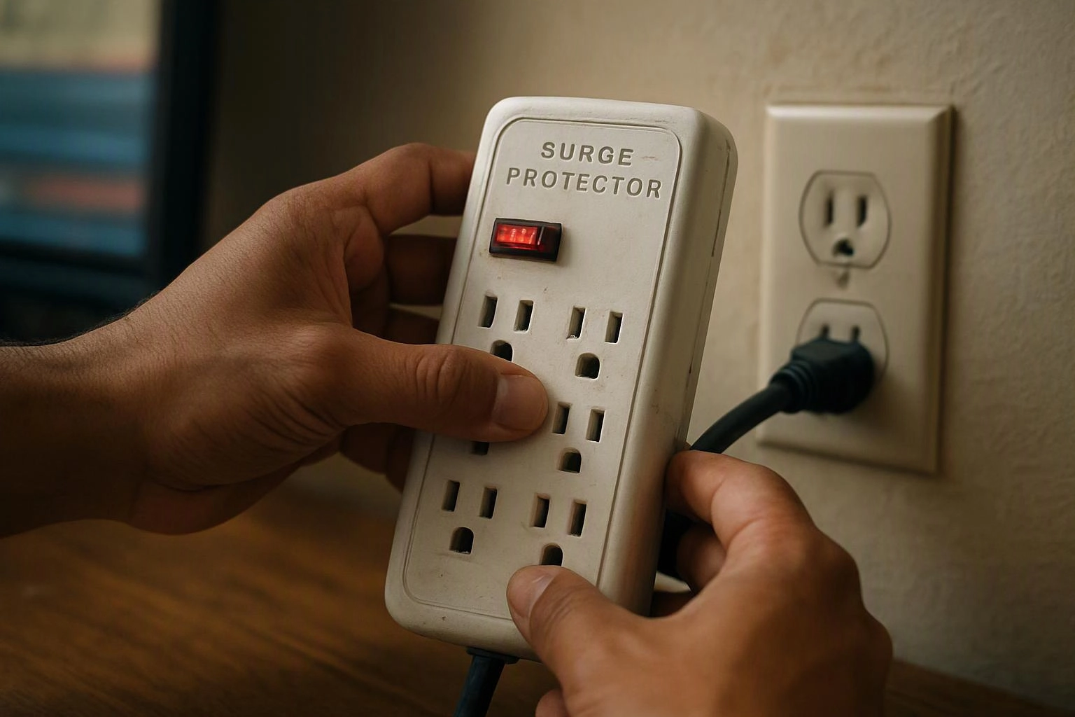 Hands adjust a white surge protector with a lit switch beside a wall outlet and plugged-in cord