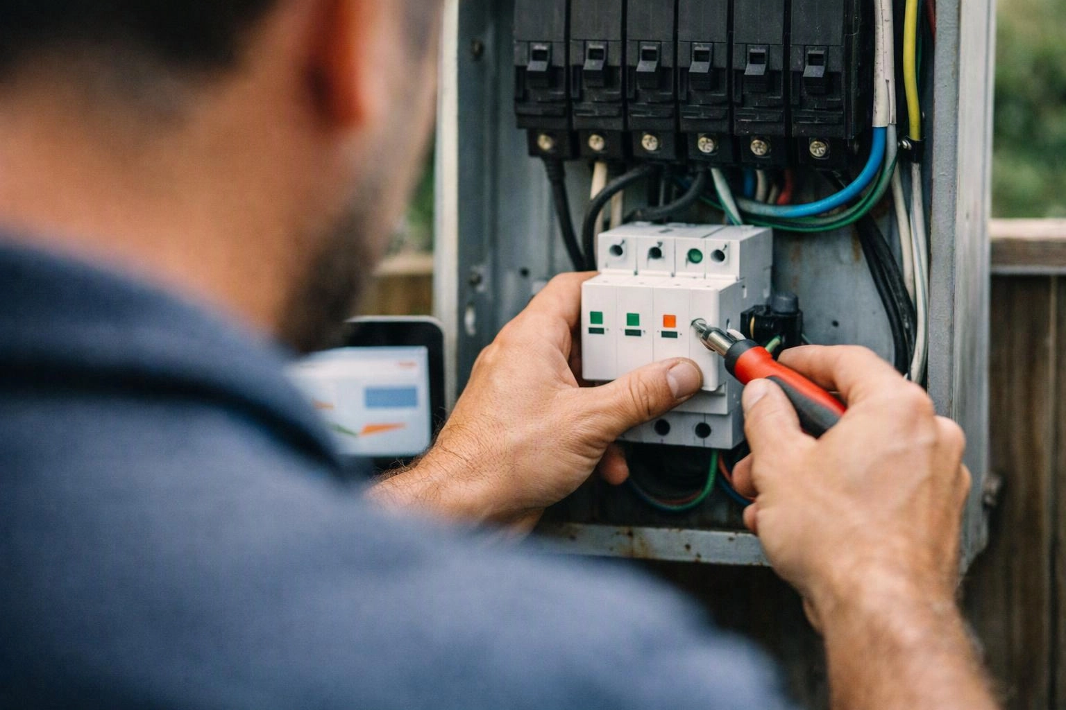 A technician tightens wiring inside an open electrical panel with a screwdriver outdoors