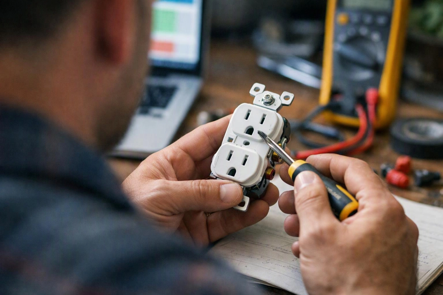 A person uses a screwdriver to work on a white electrical outlet at a cluttered workbench