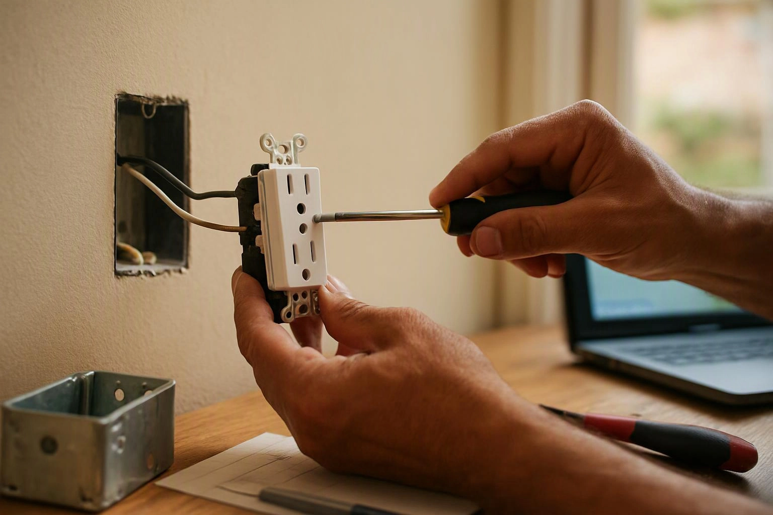 Hands use a screwdriver to install an electrical outlet into a wall opening beside a desk and laptop