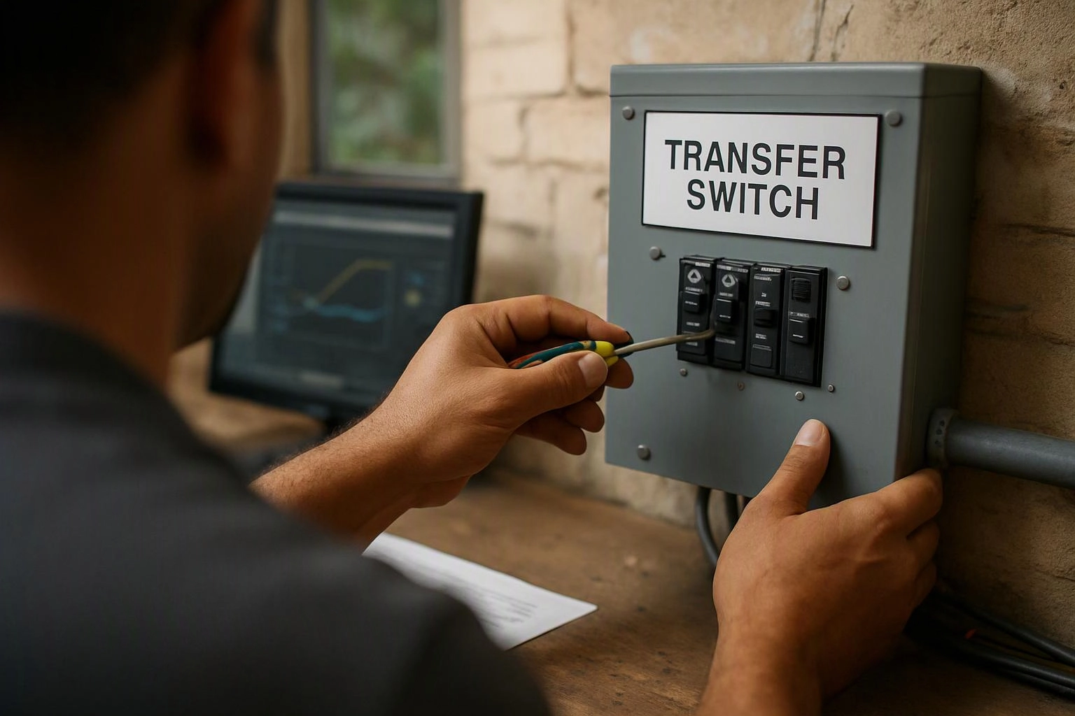 A person adjusts a transfer switch panel with a screwdriver beside a laptop on a workbench