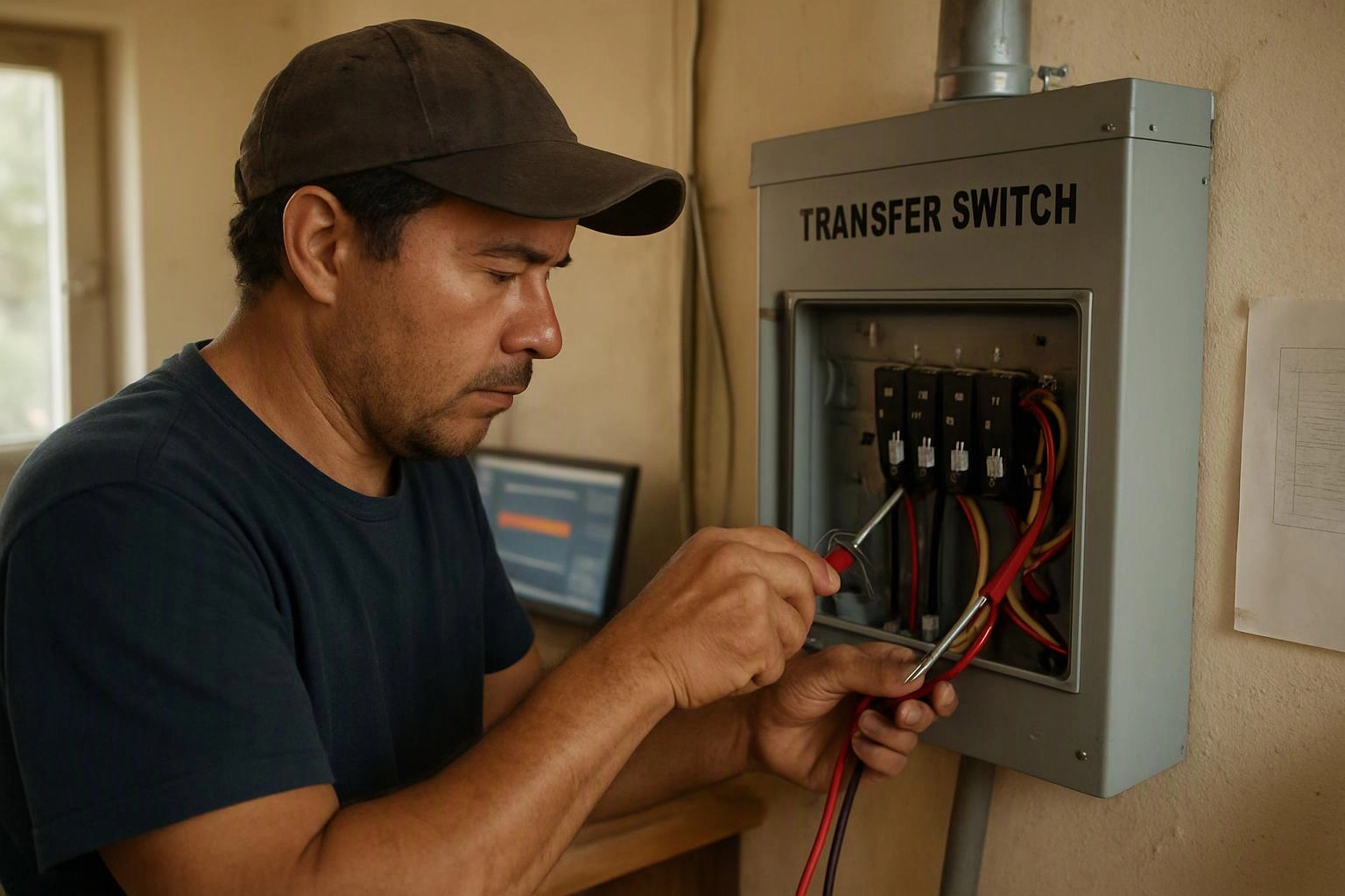 A man in a cap works on an open transfer switch panel with wires and tools indoors