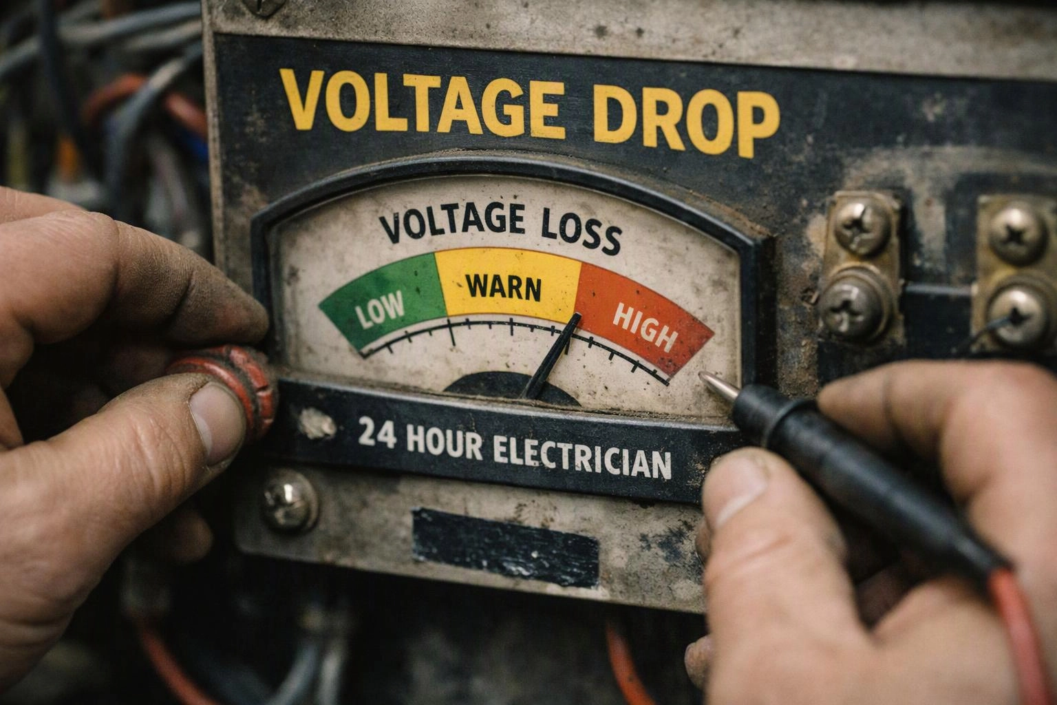 Dirty electrical meter panel shows a needle near warning while two hands adjust it with a probe and knob