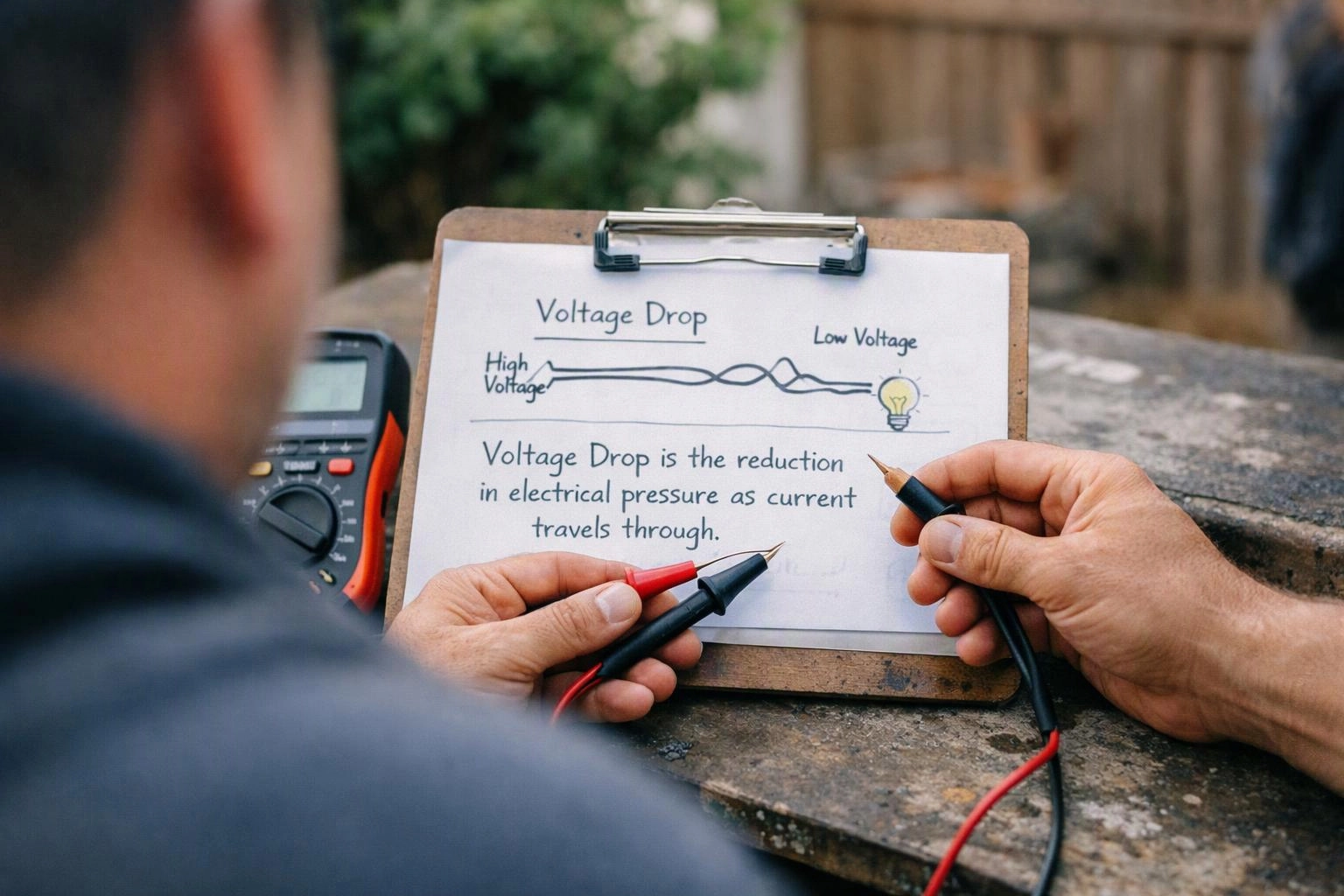 A person points test probes at a clipboard explaining voltage drop beside a multimeter outdoors