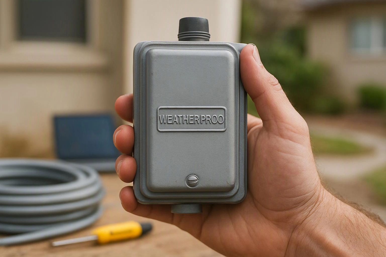 A hand holds a gray weatherproof electrical box, with coiled cable and a screwdriver on the ground behind it