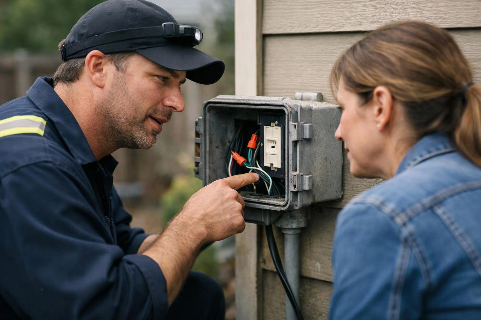 A man points inside an open electrical box while talking to a woman beside a house wall