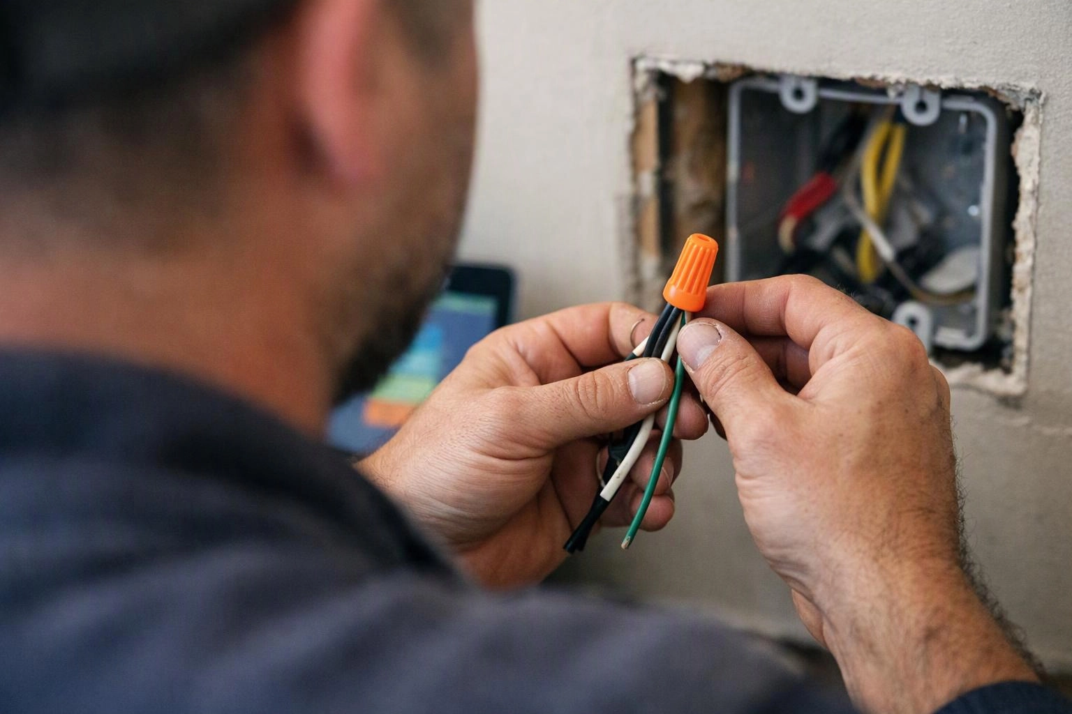 A man twists wire nuts onto electrical wires beside an open wall outlet box