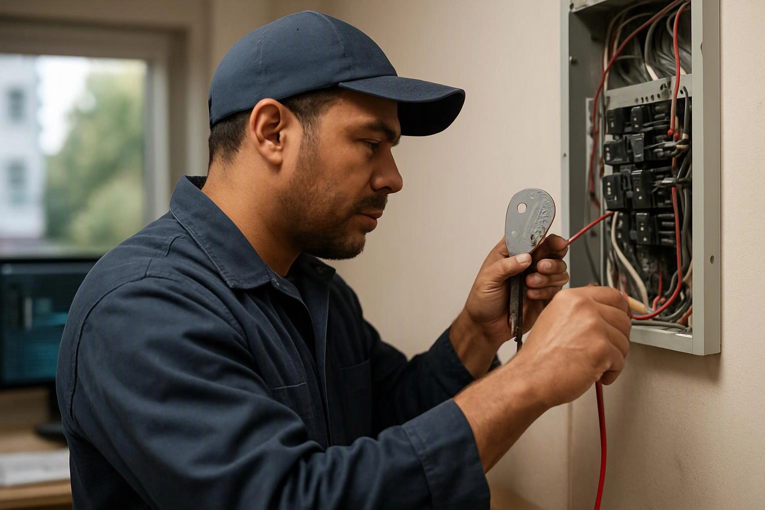A technician in a blue cap works on an open electrical panel, holding wires inside a room