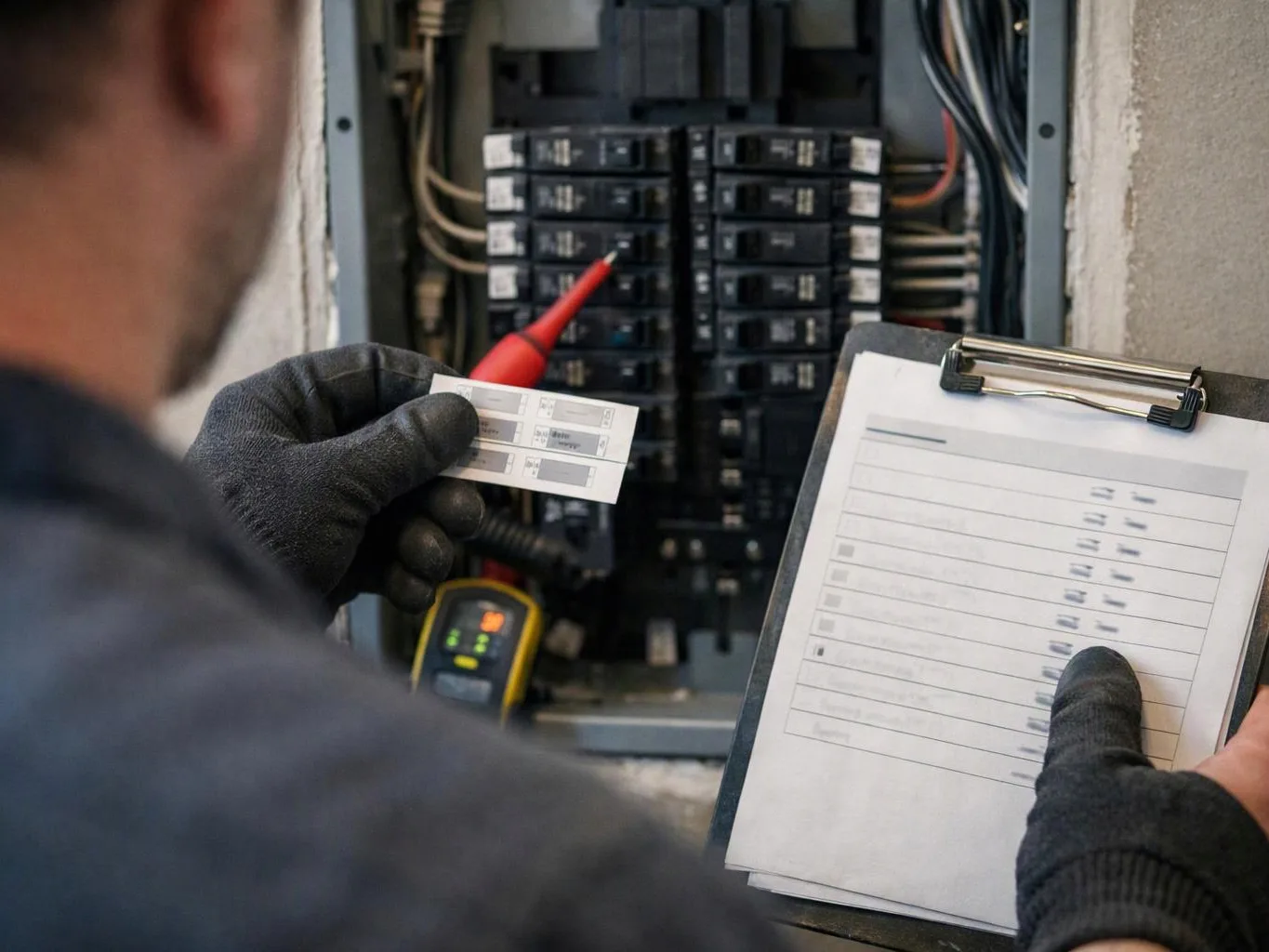 A gloved electrician checks a breaker panel with a test probe and clipboard in a utility closet