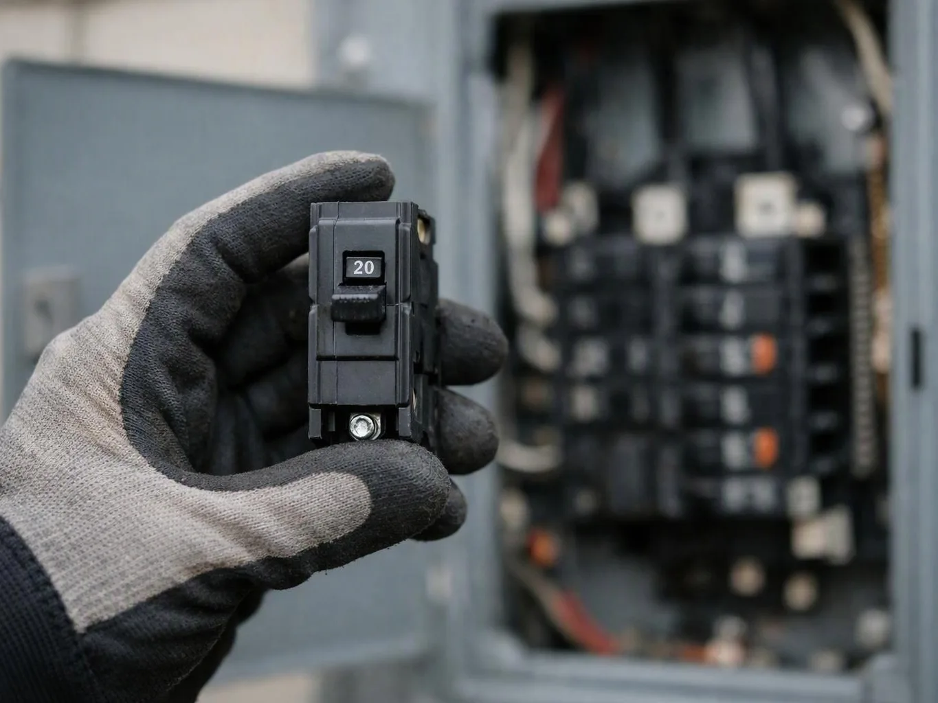 A gloved hand holds a 20-amp circuit breaker in front of an open electrical panel