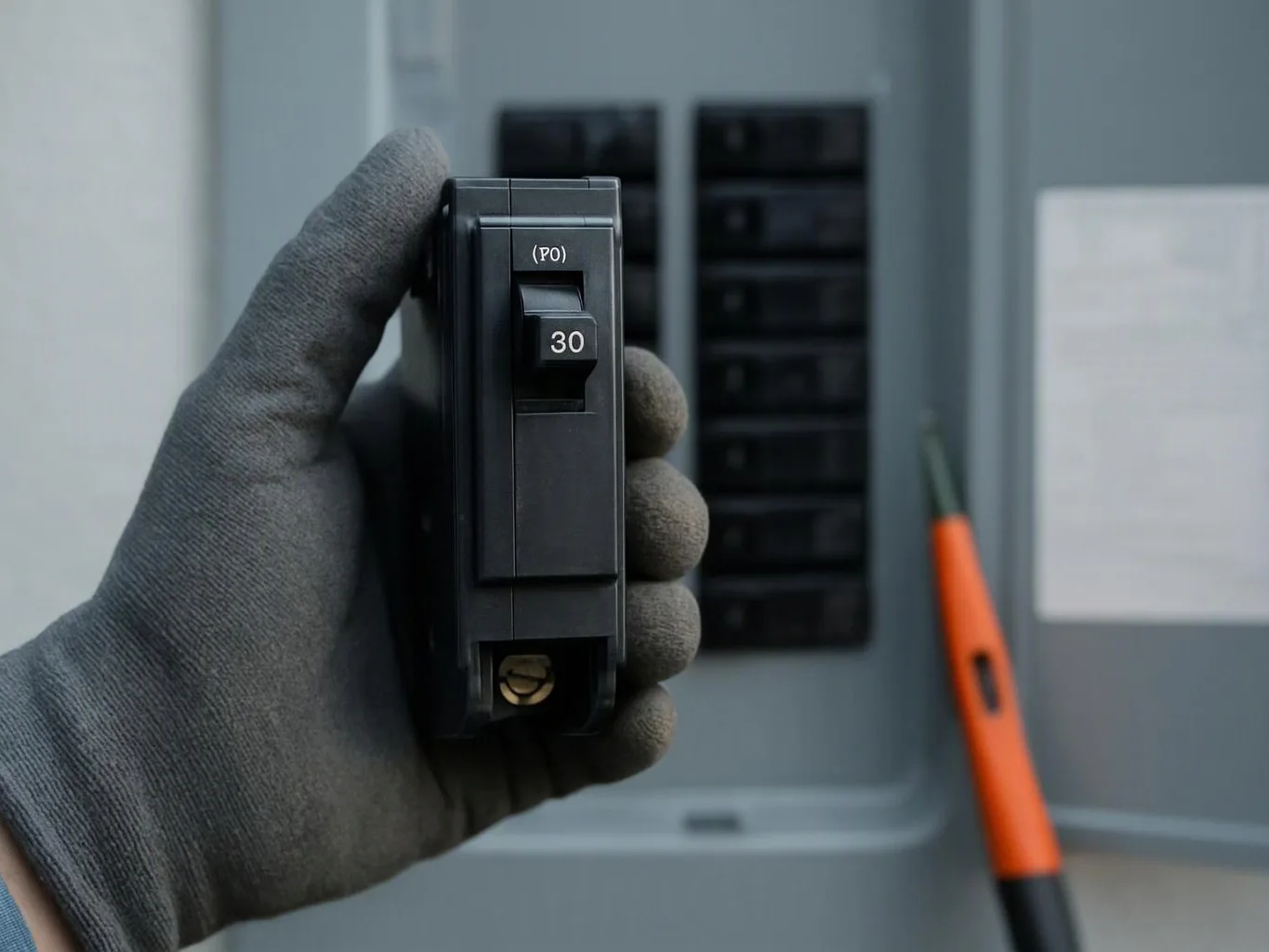 A gloved hand holds a black 30-amp circuit breaker in front of an electrical panel