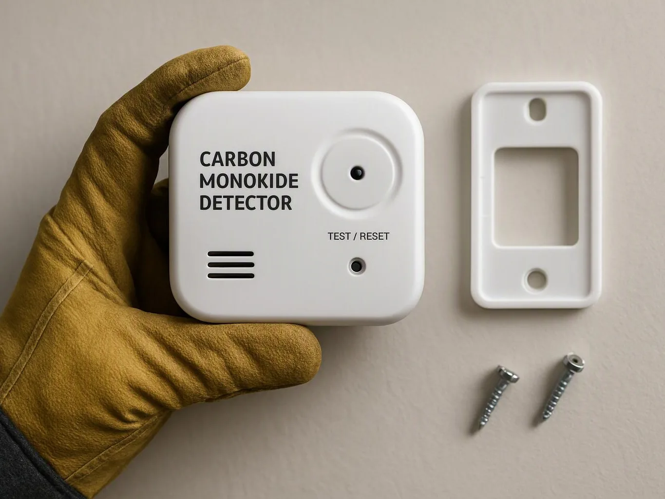 A gloved hand holds a carbon monoxide detector beside its mounting plate and two screws on a beige surface