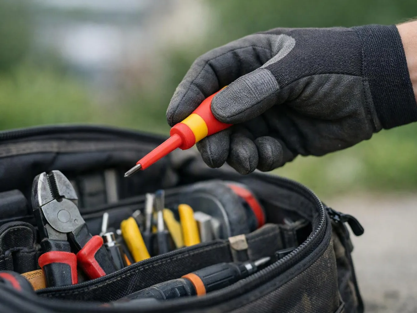 A gloved hand holds a red and yellow screwdriver above a tool bag filled with hand tools