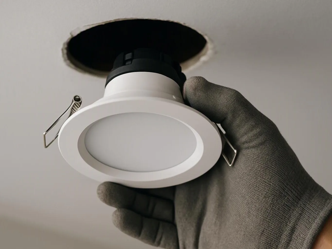 A gloved hand holds a round recessed ceiling light near an open ceiling hole