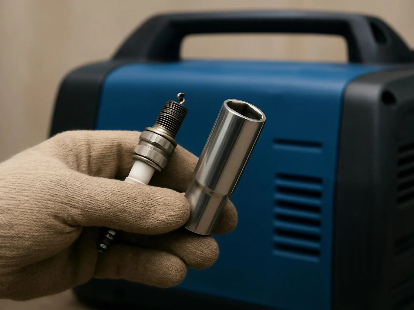A gloved hand holds a spark plug and metal socket in front of a blue machine